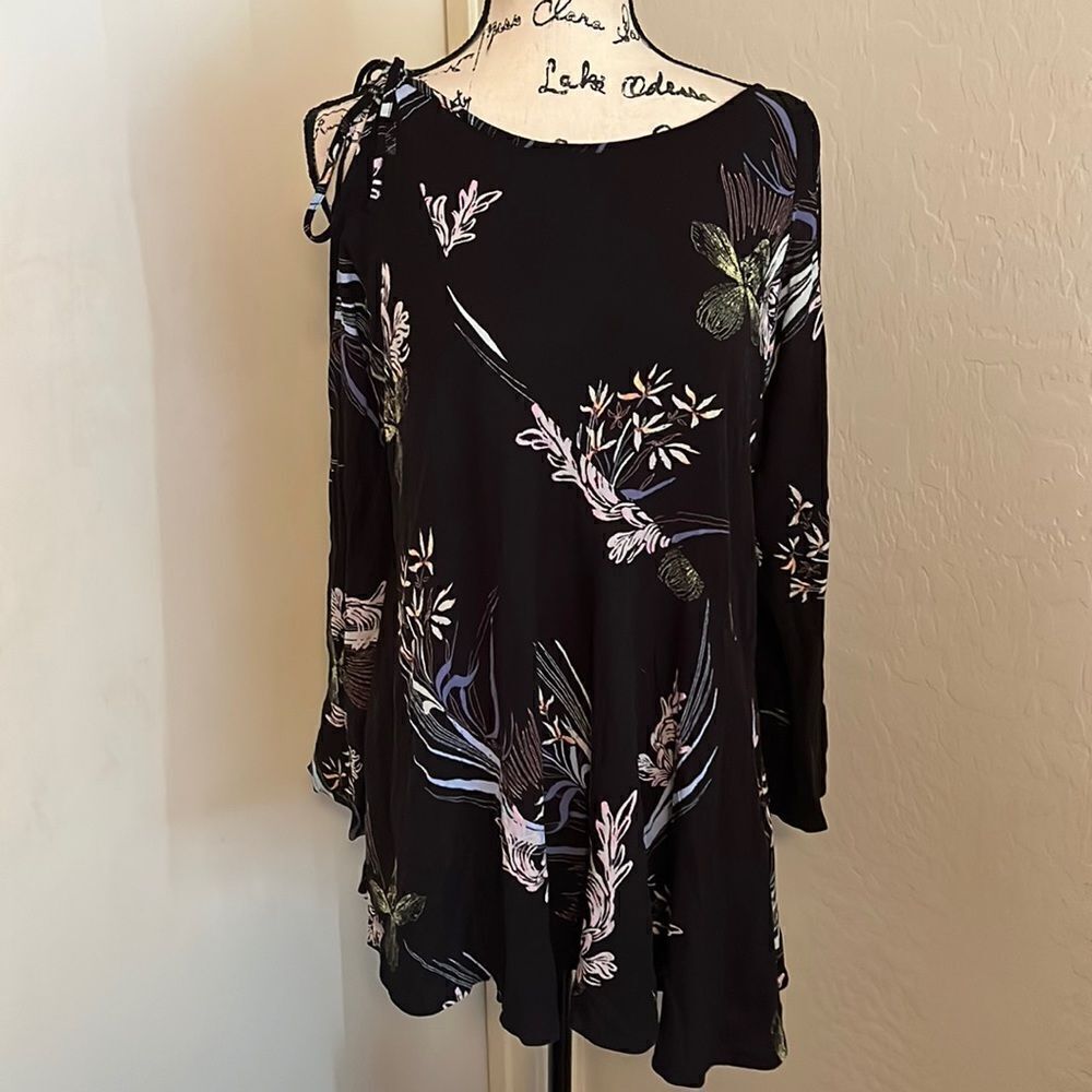Free People Black Floral Asymmetrical Cold Shoulder Tunic Dress Bohemian